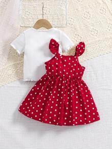 SHEIN 2pcs/Set Cute Summer Polka Dot Mesh Dress And Knit Top Outfit For Babygirl