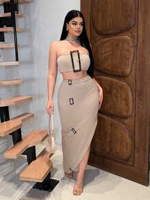 SHEIN SXY 两件套女士可调节搭扣露脐抹胸上衣和半身裙，外出套装，Y2K风格，女士套装，约会装，夏季女装，卡其色，紧身，女士两件套，性感 - 卡其色 - 查看 4