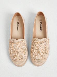 Styleloop Apricot Velvet Embroidered Linen Rope Sole Flats, Elegant Casual Vacation Party Date Wedding Banquet Bohemian Western Music Festival Wear - Apricot - View 3