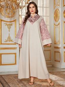 Al Najma Plus Size Elegant Jacquard Patchwork Bell Sleeve Turkish, Modest Kaftan - Apricot - View 1