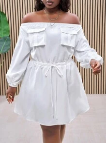 Slaydiva Vestido casual de playa blanco todo a juego de talla grande con hombros descubiertos, cintura, línea A, bolsillos, adecuado para primavera/verano, versátil para uso diario - Blanco - Ver 6