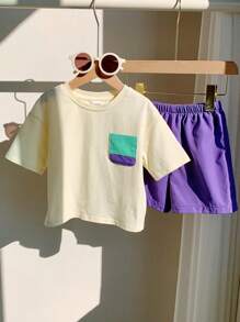 SHEIN 2pcs/Set Baby Boy Casual Korean Style Color Block Patch Pocket Crew Neck Pullover T-Shirt And Solid Woven Shorts Set, Suitable For Spring & Summer - Purple - View 5