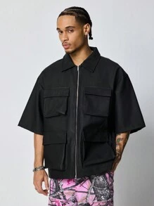 ROMWE MEN Street Life Men's Cargo Pocket Solid Color Short Sleeve Utility Vented Zip-Up Collar Shirt
