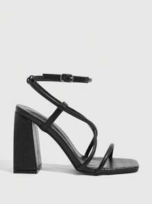 CUCCOO SZL Black Strap Combination Ankle Strap Square Toe Chunky High Heel Sandals, Fashionable For Commuting, Date Night, Party, Formal Occasions Spring Shoes Spring Break Easter Prom Heels - Black - View 7