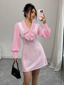 Elenzga Elegant Romantic Women's Dress, Contrast Color Fabric Patchwork Bow Design 2 In 1 Fall Cloth For Women - Pink - View 1
