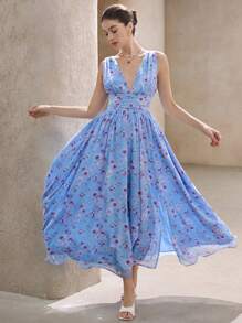 Aveloria 浪漫花卉雪纺梦幻印花褶腰无袖连衣裙，适合女士春季波西米亚风度假时尚风格全身印花，适合夏季春秋季 - 彩色 - 查看 4