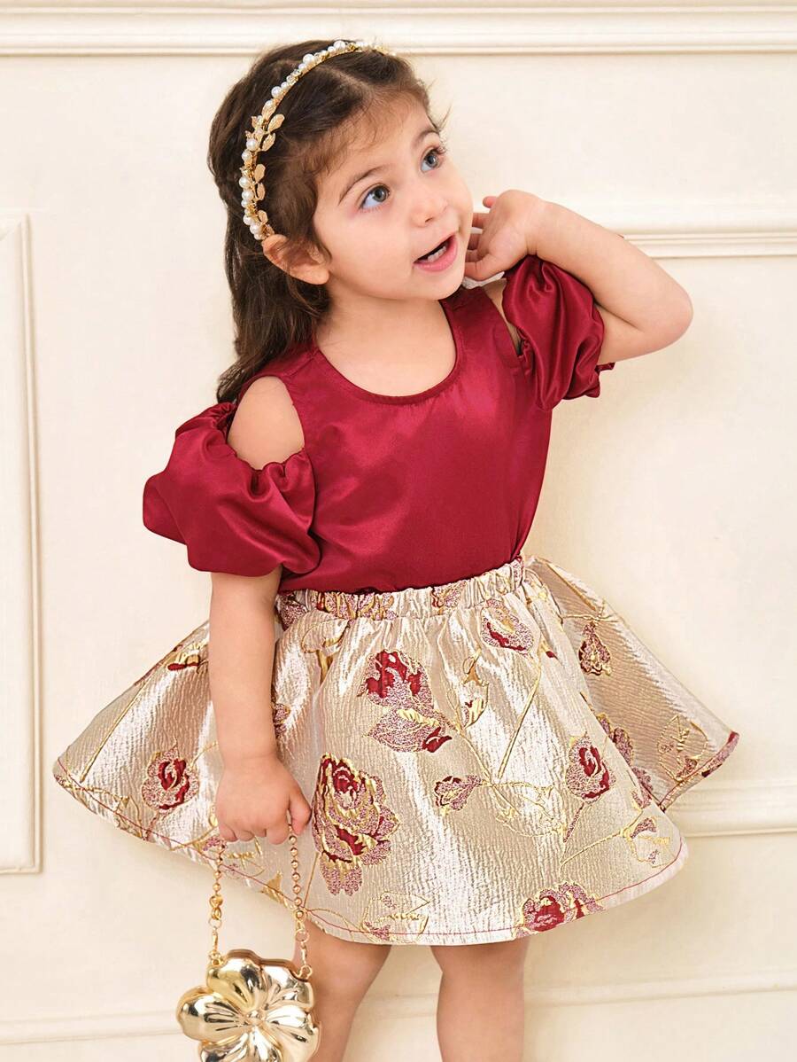 SHEIN 女婴优雅可爱泡泡袖缎面衬衫和锦缎中裙 2 件套 - 酒紅色 - 查看 1