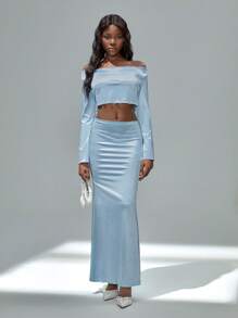 SHEIN Unity 2 件套女士纯色缎面短款宽松上衣和高腰直筒长裙 - 藍色 - 查看 6
