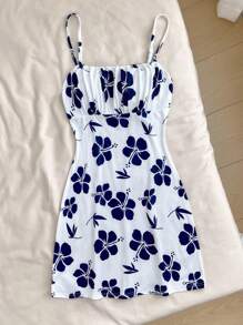 SHEIN Teen Girl Blue Floral Print On White Adorable Cami Dress, Fitted Vacation/Holiday Dress - Blue and White - View 5