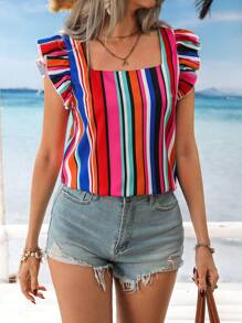 SHEIN VCAY Blus Wanita Lengan Pendek dengan Ikatan Depan dan Garis Merah Warna-warni, Musim Panas, Boho, Pantai, Liburan, Liburan Tropis Bohemian, Karnaval Hari Valentine, dan Pesta Rave - MultiWarna - View 5