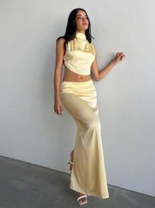 Aloruh Women Elegant Solid Stand Collar Sleeveless Top And Extra Long Skirt, 2 Pieces Set Valentine's Day Two Pieces Set Women Vacation Outfits Elegant Beach Outfits - Yellow - View 7