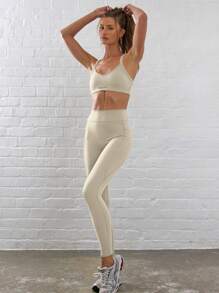 Musera Sport Ribbed High Waist Seam Detail Contour Activewear Leggings, Padel, Tennis, Pickleball Gym Fitness - Beige - View 2