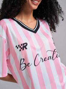 Easelle 条纹印花 V 领落肩袖女式 T 恤