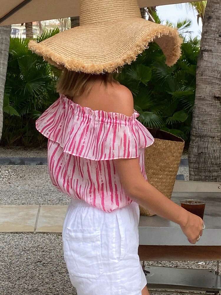 Vacation Beach Tie-Dye Striped Frill Off Shoulder Front Tie Drawstring Short Sleeve Women Blouse Summer Cruise Women Boho