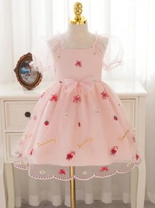 SHEIN Glamorique Kids 年轻女孩的草莓花卉刺绣网眼连衣裙，适合夏季度假、聚会、外出 - 粉色 - 查看 1