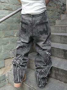 Manfinity Roghcode Men's Casual Pocket Frayed Hem Simple Denim Jeans - Dark Grey - View 2