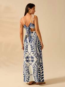 CAJUNI 女士波西米亚风绿色椰子树印花镂空腰后绑带无袖连衣裙，假日休闲夏装 - 彩色 - 查看 2