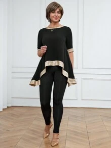 SHEIN LUNE 2 件套春季休闲装，女式拼色拼布衬衫和紧身裤套装 - 彩色 - 查看 3