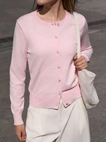 Jouncy Solid Color Single Breasted Long Sleeve Knitted Cardigan, Versatile Sweater For Women Fall Winter Cloth For Women - Pink - View 4