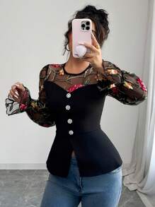 Elenzga Blusa con inserto de malla y bordado de rosa negra para mujeres