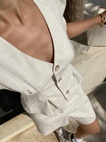 DAZY Women's Spring/Summer Elegant Linen Blend Suit Set, Vacation Style Business Attire - Khaki - View 3