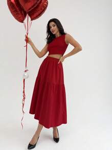 SHEIN Privé 节日新款浪漫优雅情人节简约百搭红色针织无袖上衣和高腰荷叶边下摆短裙套装，情人节现代时尚复古别致装 - 紅色 - 查看 2