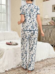CottageSlumber Women Floral Print Short Sleeve Top And Long Pants Pajama Set, Loose Fit Holiday Season, Bountiful Floral Splendor  Cozy And Elegant Details - Blue - View 2