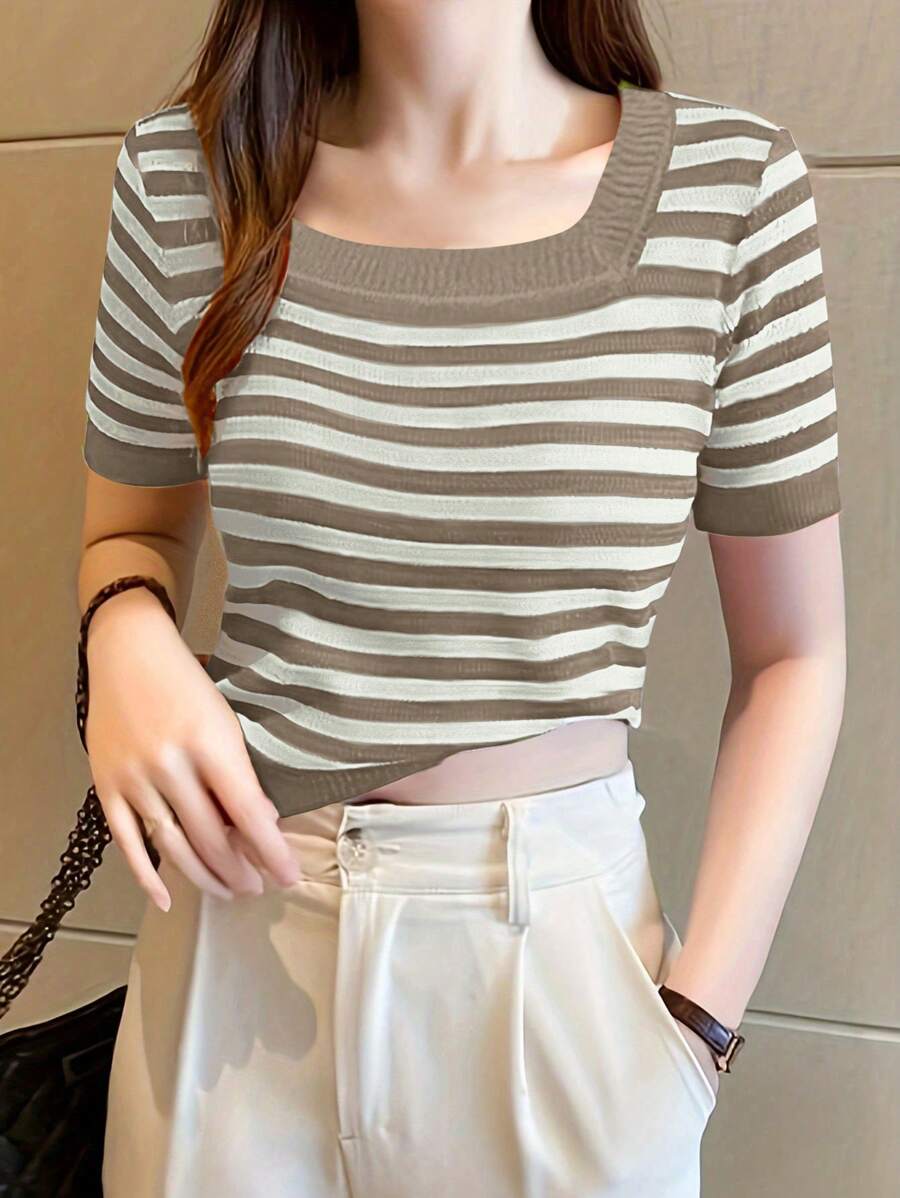 SHEIN LUNE Casual Striped Short Sleeve Knit Top - Apricot - View 1