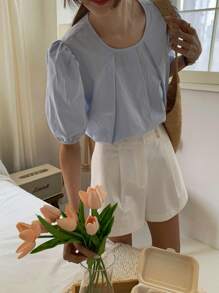 DAZY Blusa estiva da donna casual con girocollo, a tinta unita, con maniche a sbuffo e volant