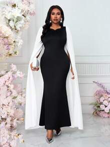 SHEIN Lady Women's Black And White Elegant Traditional Formal Wedding Guest Dress,Summer Plus Size Knitted Chiffon Sweetheart Cloak Sleeve Contrast Mesh Dress - Black and White - View 6