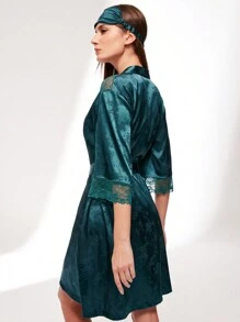 LUVLETTE Grön Silkeslen Satin Retro Elegant Lyxig Blommönster Spetskant Knytband Fram Loungewear Morgonrock Nattklänning Dam Morgonrock & Pyjamasdressing