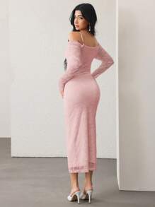 Modelyn Đầm dự tiệc sang trọng cổ xếp ly ren tay dài cho nữ - Hồng - Xem 2