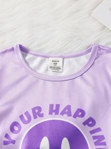 2pcs Tween Girls Casual Smile Face Pattern Short Sleeve Top And Pants Pajama Set, Comfortable - Purple - View 3