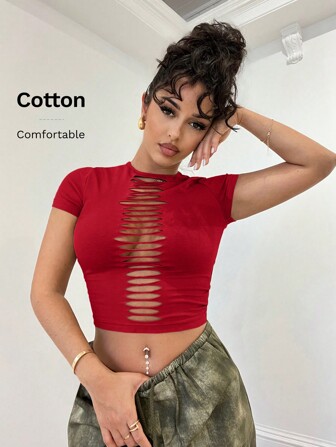 SHEIN BAE Solid Color Distressed Hollow Cutout Tight-Fitting Khaki Top, Spring/Summer Clothing, Music Festival/Concert/Casual Streetwear, Versatile Country Concert Outfit