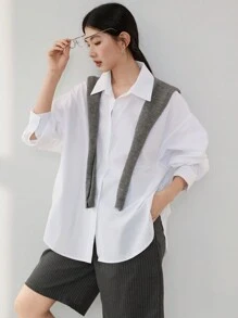 Dazy-Less Casual & Business Loose Solid Color Design Back Button Long Sleeve Blouse For Women