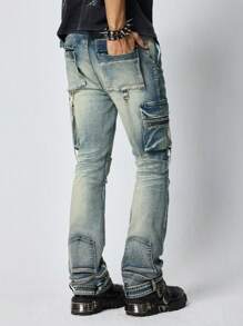 ROMWE MEN Street Life Men's Cargo Casual Front Button Pocket Layered Straight Jeans, Street Style - Medium Wash - View 5