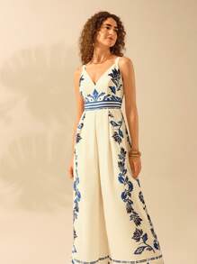 CAJUNI Women's Vintage Vacation Casual Boho Blue Floral Print Strap Wide Leg Jumpsuit