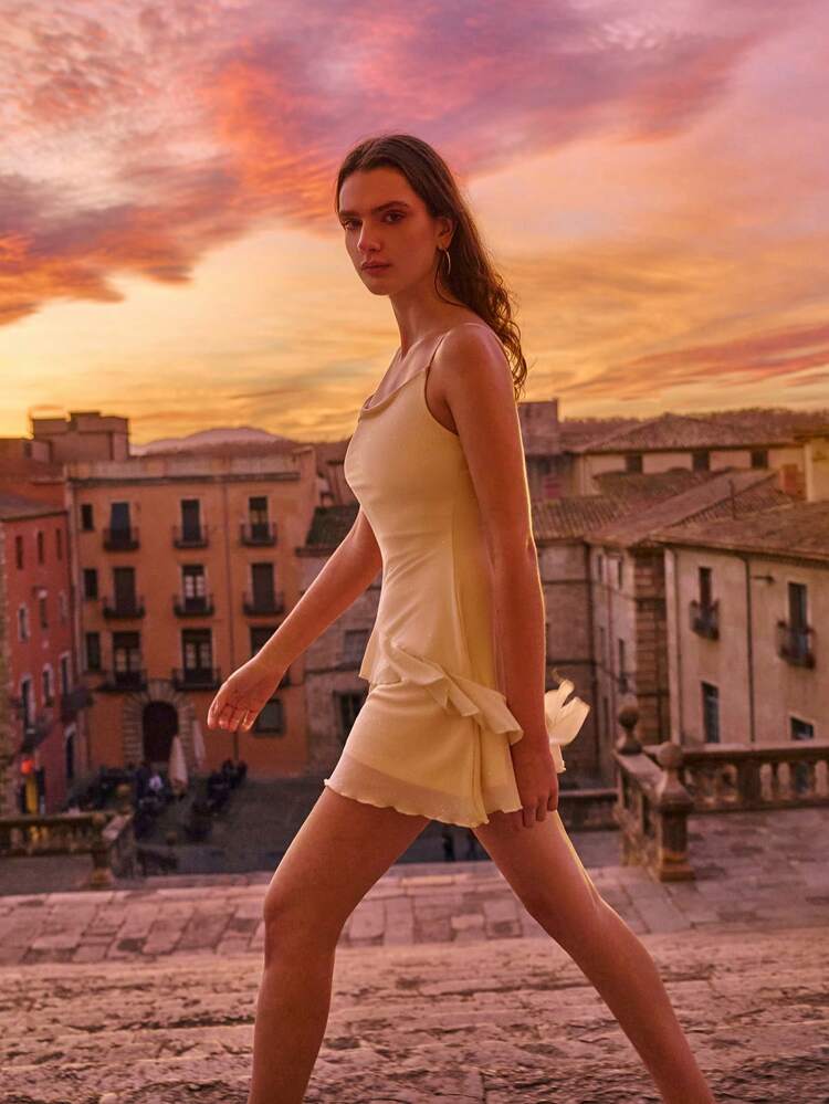 SHEIN Maija Spring And Summer New Style Apricot Glitter Knitted Lotus Leaf Lace Waist Sexy Suspender Women's Mini Dress Urban Modern Elegant Sleeveless Daily Casual Commuting Suitable For Going Out On Holiday Holiday Party Wedding Date Wear