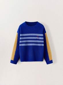 THE HAPPY LOOK Jersey de punto con mangas a rayas amarillas, rayas azules y Body rojo para niños pequeños