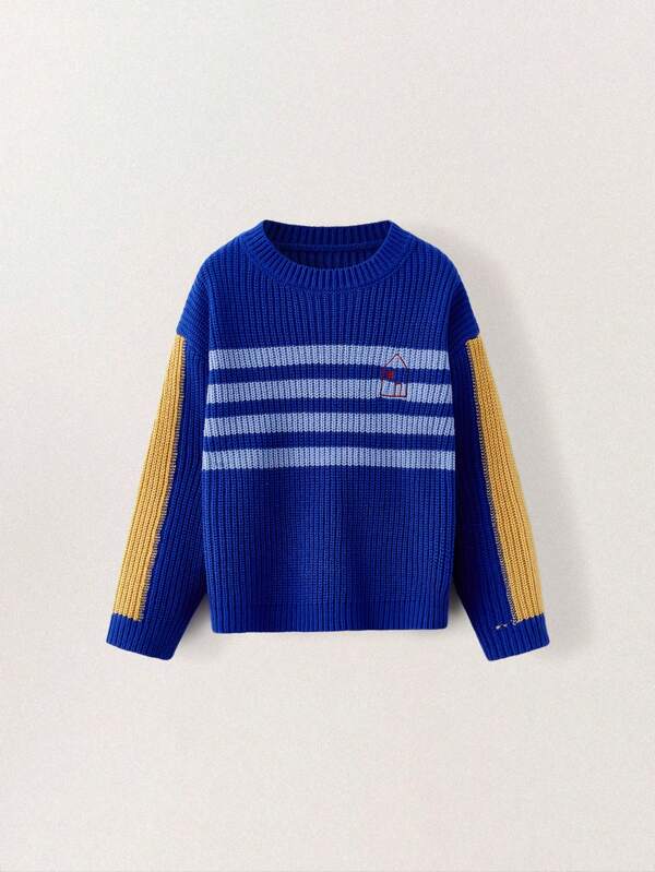 THE HAPPY LOOK Jersey de punto con mangas a rayas amarillas, rayas azules y Body rojo para niños pequeños