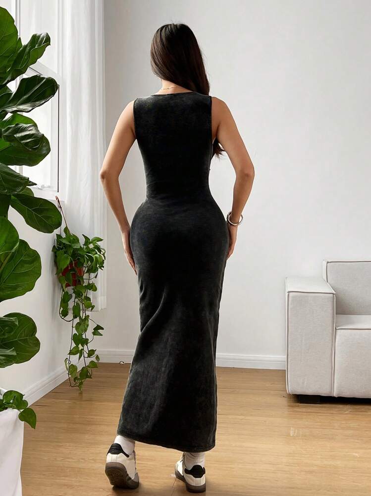 SHEIN EZwear Vestido ajustado de cuello redondo sin mangas con estilo desgastado y lavado con ácido - Negro - Añade 2