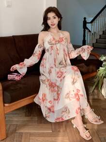 DAZY Floral Print Off Shoulder Ruffle Hem Midi Dress For Women,Fall Dress Long Sleeve Dress Boho Vacation Outfits Women - Pink - View 1