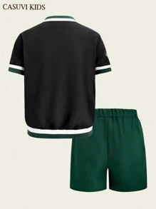 SHEIN Explorewe 2pcs/Set Teenager Boys' Sporty Patchwork Pattern Baseball Collar Short Sleeve Shirt And Shorts Set, New Design - Black - View 2
