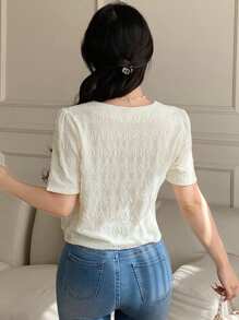 DAZY 女士纯色前扣短袖休闲衬衫，日常穿着 - 米色 - 查看 2