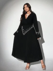 Viva Relle 大码女式优雅浪漫奢华派对节日长袖褶皱珍珠装饰黑色连衣裙 - 黑色 - 查看 2