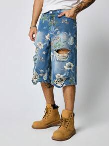 ROMWE MEN Street Life Men's Floral Print Pocket Ripped 7/8 Jeans Vacation