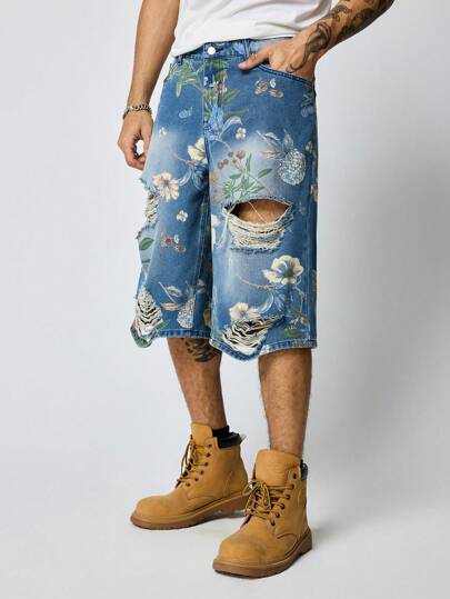 Street Life Herren Jeans mit Blumenprint Tasche und Rissen 7/8 Länge