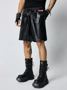 ROMWE MEN Grunge Punk Men's Solid Color Patch Pocket PU Leather Loose Shorts - Black - View 7