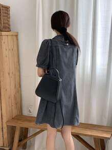 FRIFUL Abito di jeans casual da donna con maniche a palloncino e bottoni sul davanti, abito estivo