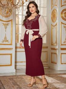 Al Najma 大码女式刺绣阿拉伯连衣裙，优雅时尚 - 紅色 - 查看 6